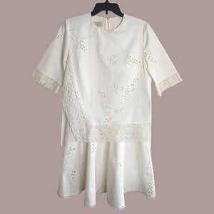 Stella McCartney Lace Eyelet Crew Neck Cotton Shift Mini Dress White 42 US 8